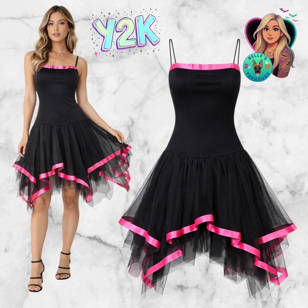 Kiki USA Womens XL Vintage Y2K Black Pink‎ Tulle Drop Waist Handkerchief Dress